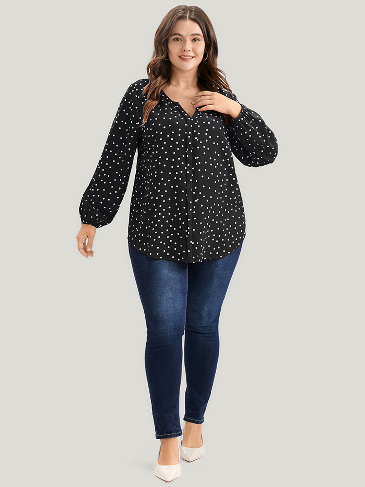 Plus Size Black Polka Dot Lantern Sleeve Notched Blouse Women Elegant Long Sleeve V-neck Dailywear Blouses BloomChic 10/M 
