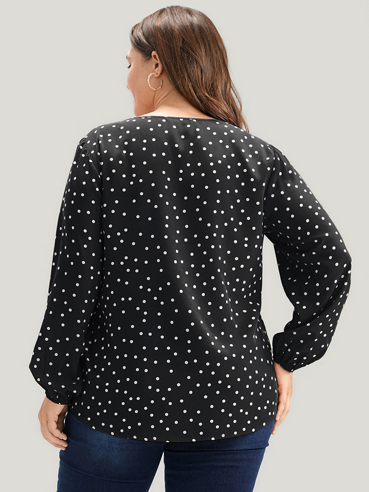 Plus Size Black Polka Dot Lantern Sleeve Notched Blouse Women Elegant Long Sleeve V-neck Dailywear Blouses BloomChic 10/M 