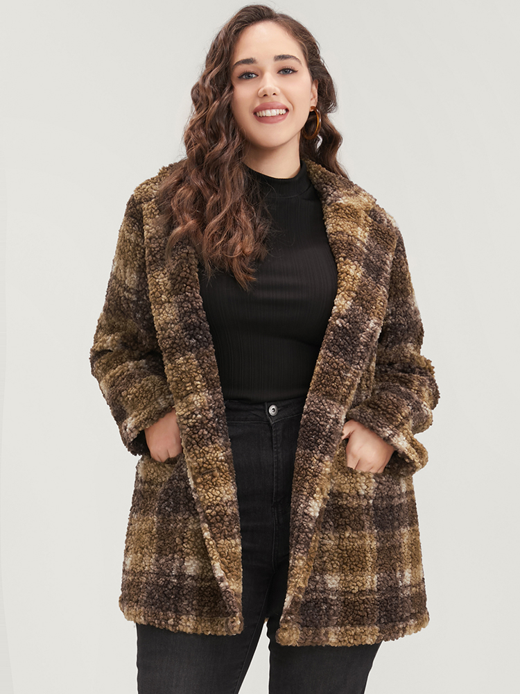 

Plus Size Plaid Pocket Double Breasted Teddy Coat Women Tan Casual Pocket Ladies Dailywear Winter Coats BloomChic