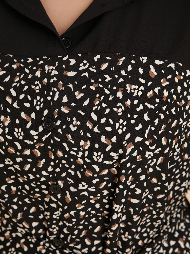 Plus Size Women Work Leopard Patchwork Regular Sleeve Long Sleeve Shirt collar Pocket Belt Office Dresses BloomChic 