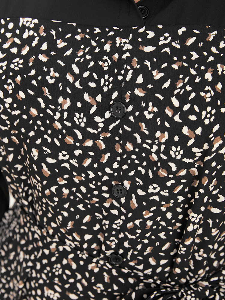 Plus Size Women Work Leopard Patchwork Regular Sleeve Long Sleeve Shirt collar Pocket Belt Office Dresses BloomChic 