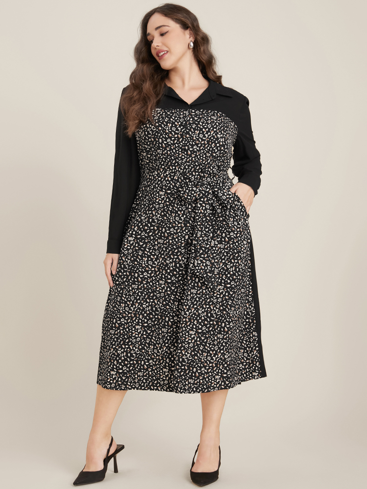 Plus Size Women Work Leopard Patchwork Regular Sleeve Long Sleeve Shirt collar Pocket Belt Office Dresses BloomChic 