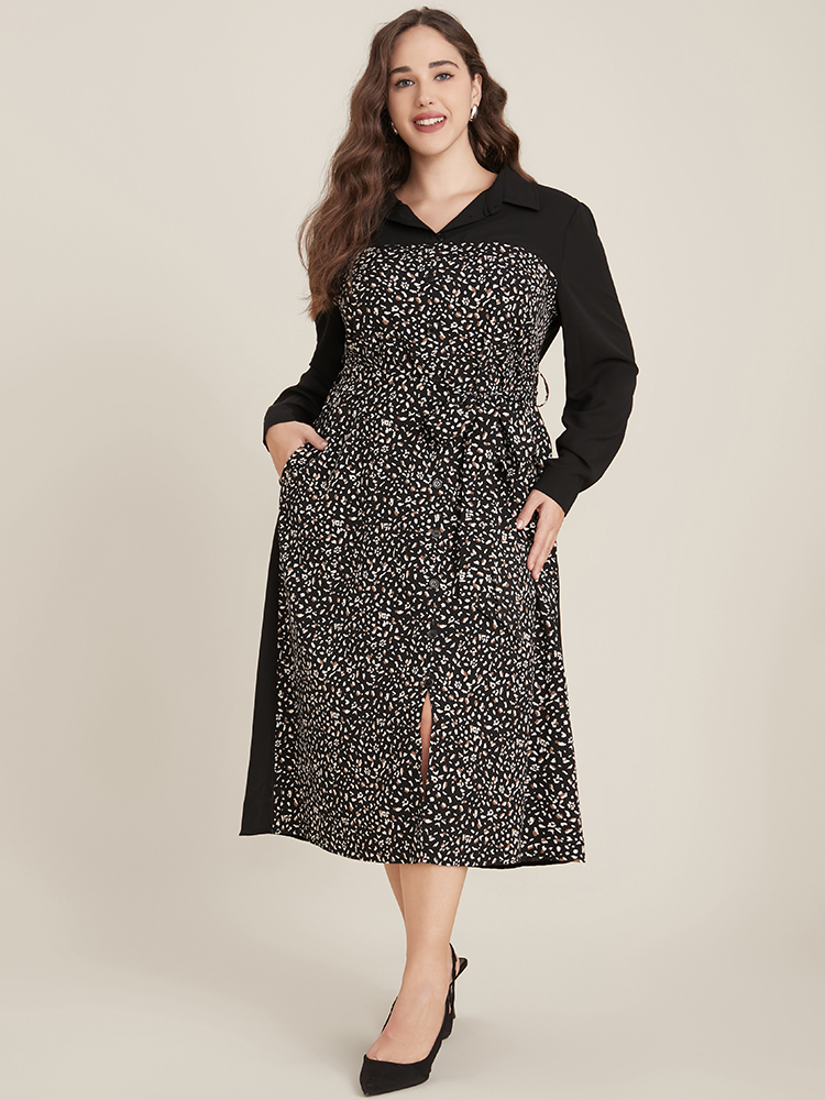 Plus Size Women Work Leopard Patchwork Regular Sleeve Long Sleeve Shirt collar Pocket Belt Office Dresses BloomChic 