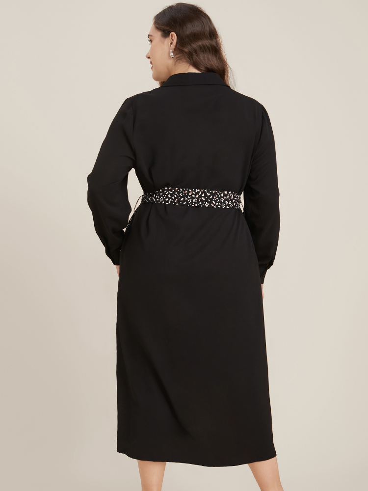 Plus Size Women Work Leopard Patchwork Regular Sleeve Long Sleeve Shirt collar Pocket Belt Office Dresses BloomChic 