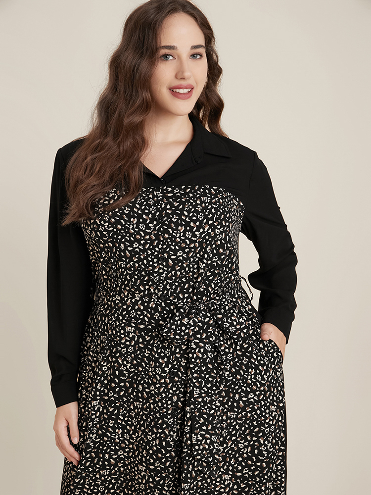 Plus Size Women Work Leopard Patchwork Regular Sleeve Long Sleeve Shirt collar Pocket Belt Office Dresses BloomChic 