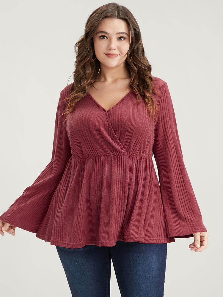 

Plus Size Solid Rib Knit Bell Sleeve Surplice Neck Long Tee Russet V-neck Long Sleeve Elegant Jersey Tops