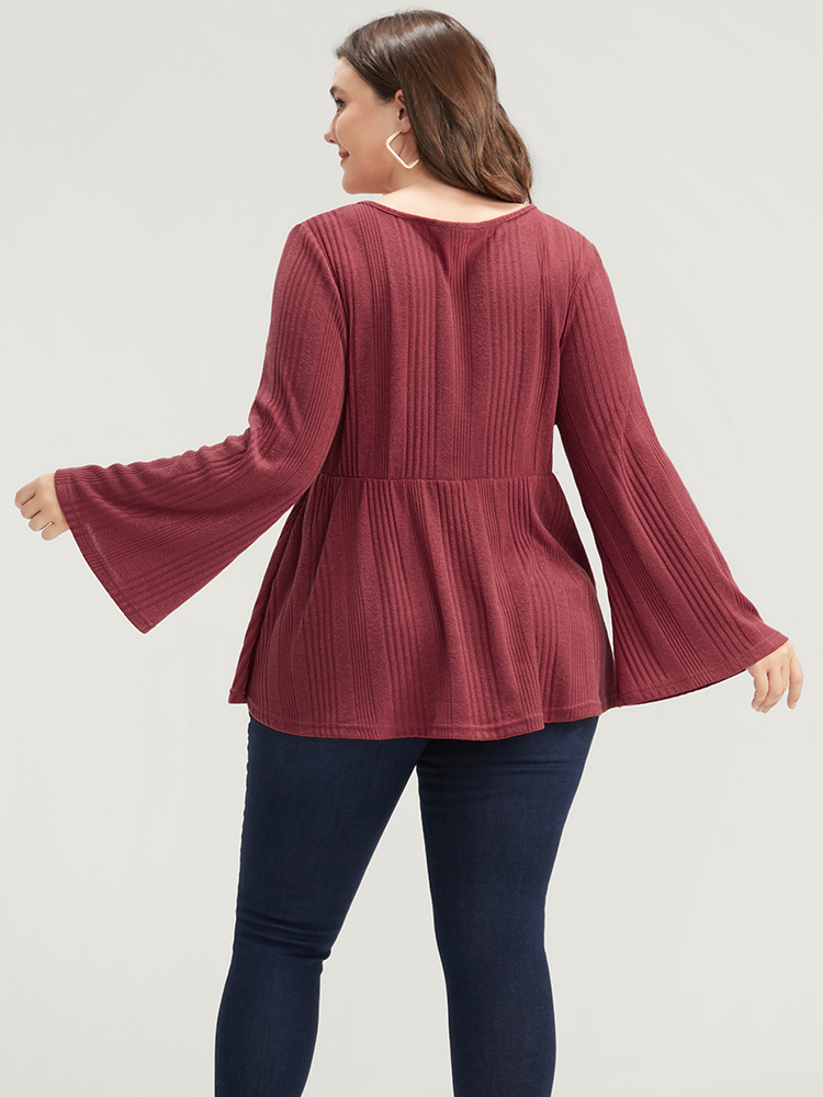 

Plus Size Solid Rib Knit Bell Sleeve Surplice Neck Long Tee Russet V-neck Long Sleeve Elegant Jersey Tops