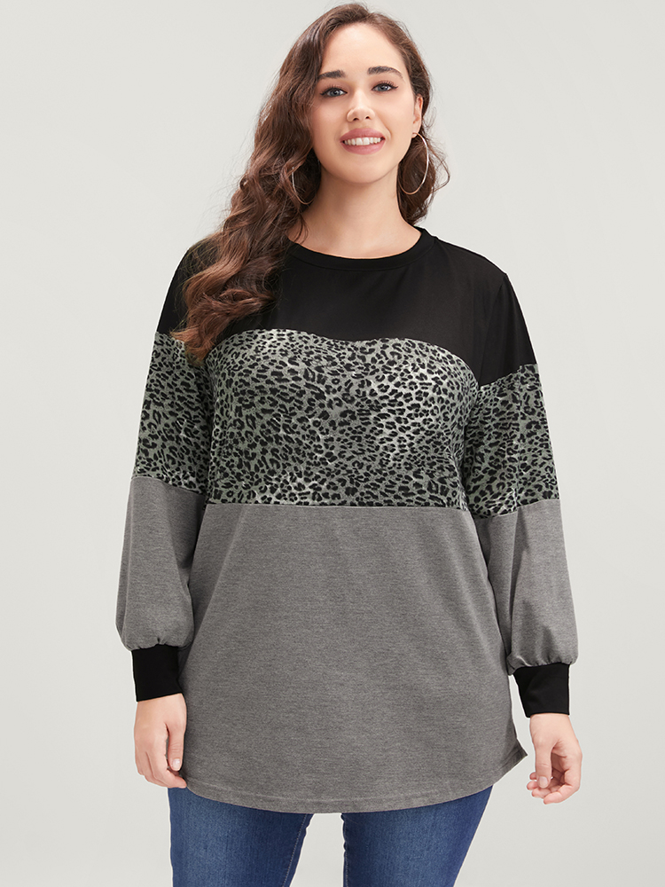 

Plus Size Leopard Contrast Drop Shoulder Sweatshirt Women DimGray Casual Patchwork Round Neck Dailywear Sweatshirts BloomChic