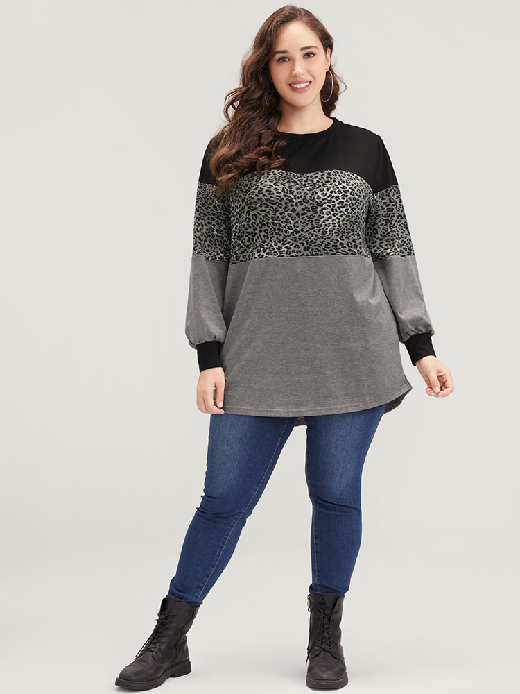 Plus Size Leopard Contrast Drop Shoulder Sweatshirt Women DimGray Casual Patchwork Round Neck Dailywear Sweatshirts BloomChic 14-16/1X 
