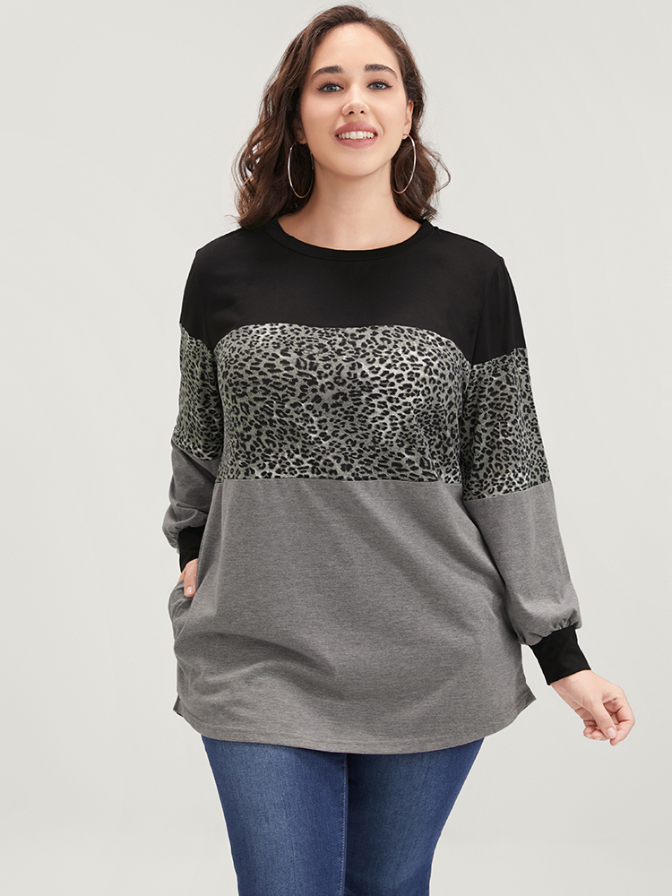 Plus Size Leopard Contrast Drop Shoulder Sweatshirt Women DimGray Casual Patchwork Round Neck Dailywear Sweatshirts BloomChic 14-16/1X 