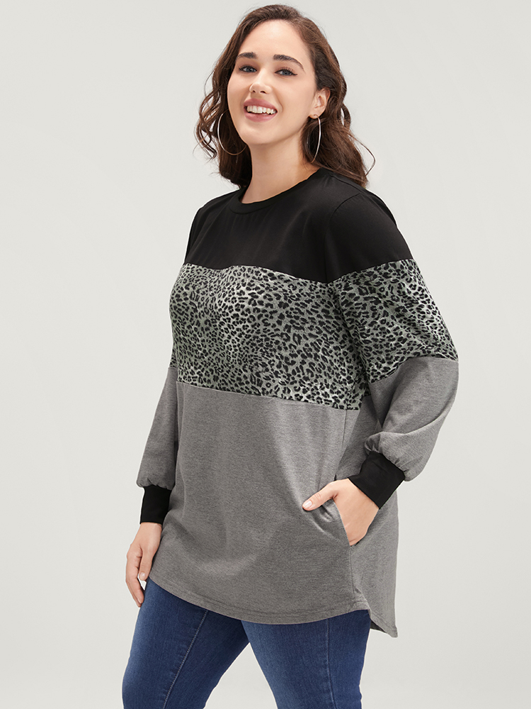 

Plus Size Leopard Contrast Drop Shoulder Sweatshirt Women DimGray Casual Patchwork Round Neck Dailywear Sweatshirts BloomChic