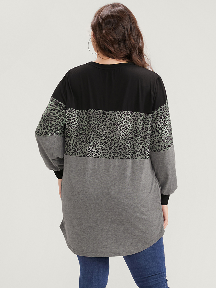 Plus Size Leopard Contrast Drop Shoulder Sweatshirt Women DimGray Casual Patchwork Round Neck Dailywear Sweatshirts BloomChic 14-16/1X 