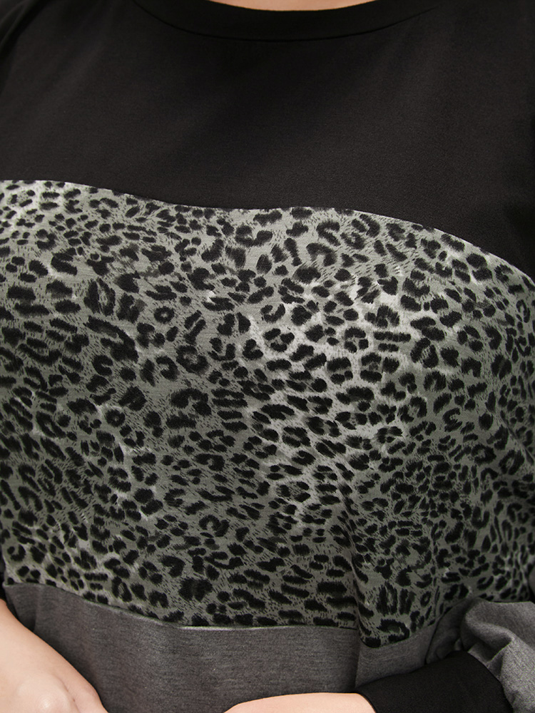 Plus Size Leopard Contrast Drop Shoulder Sweatshirt Women DimGray Casual Patchwork Round Neck Dailywear Sweatshirts BloomChic 14-16/1X 