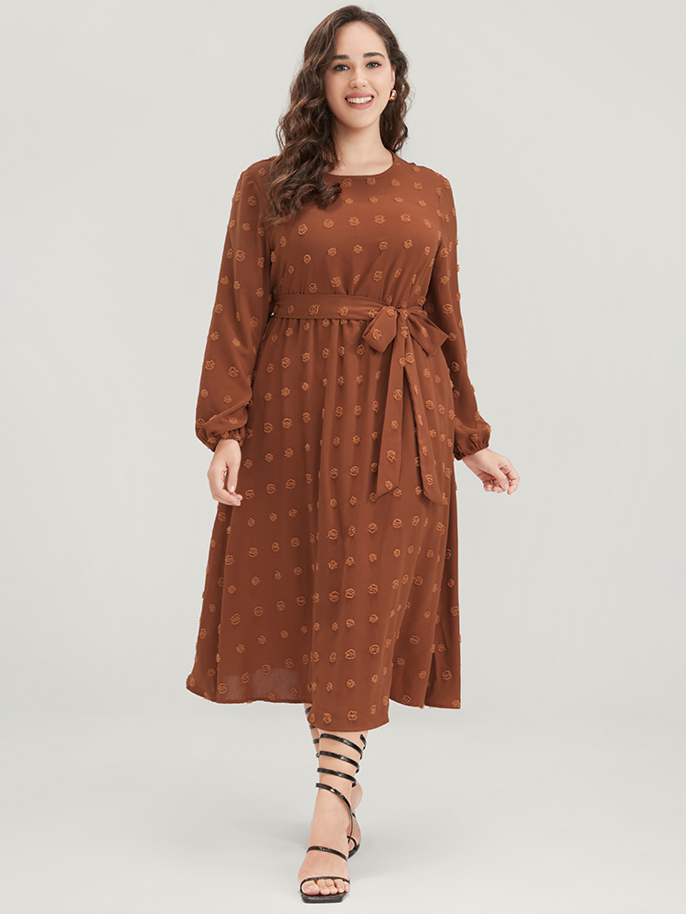 

Plus Size Polka Dot Round Neck Pocket Belted Lantern Sleeve Dress Chocolate Women Elegant Elastic Waist Round Neck Long Sleeve Curvy Midi Dress BloomChic