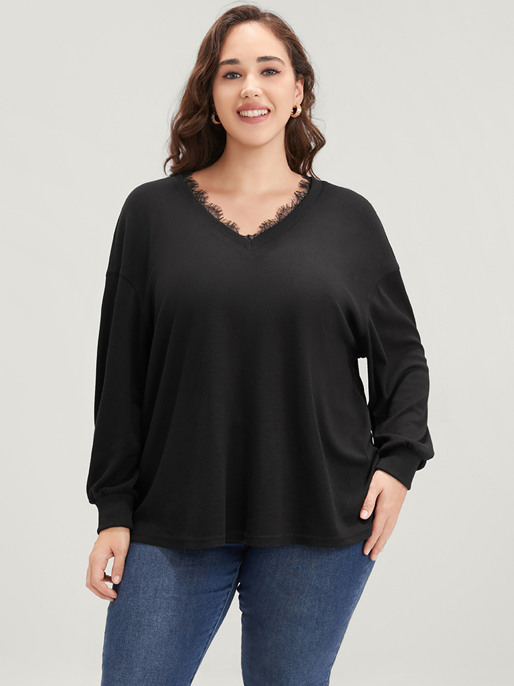 Plus Size Women Dailywear Plain Lace Regular Lantern Sleeve Long Sleeve V-neck Elegant Sweatshirts BloomChic 