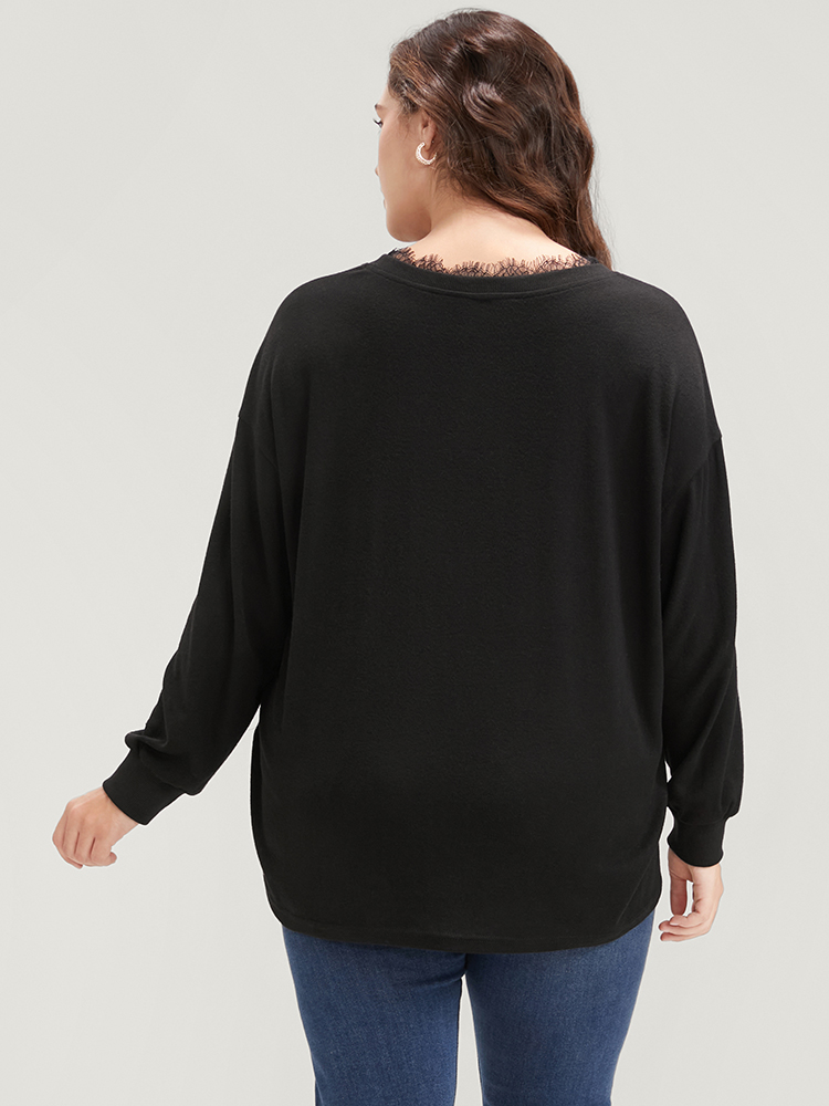 Plus Size Women Dailywear Plain Lace Regular Lantern Sleeve Long Sleeve V-neck Elegant Sweatshirts BloomChic 