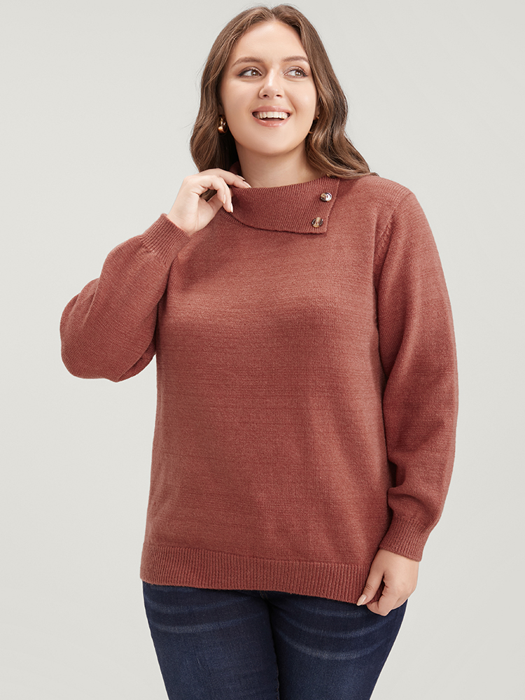 

Plus Size Solid Super Soft Plush Knit Button Detail Asymmetrical Knit Top Rust Women Casual Loose Long Sleeve Dailywear Pullovers BloomChic