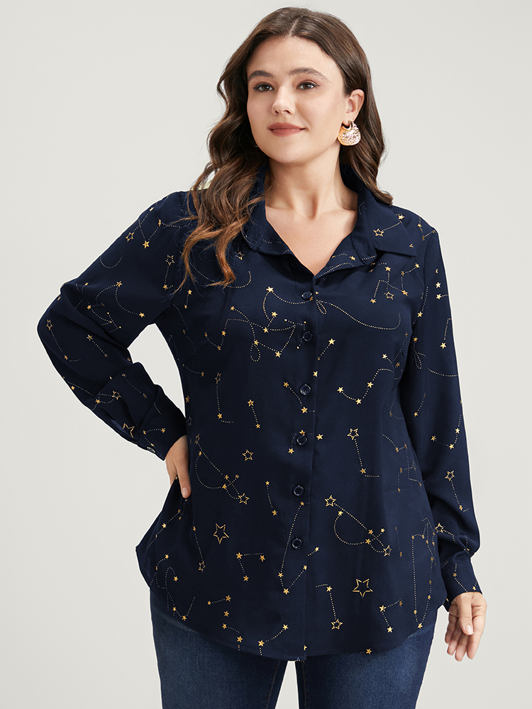 

Plus Size Navy Star Print Button Up Arc Hem Blouse Women Party Long Sleeve Shirt collar Going out Blouses BloomChic