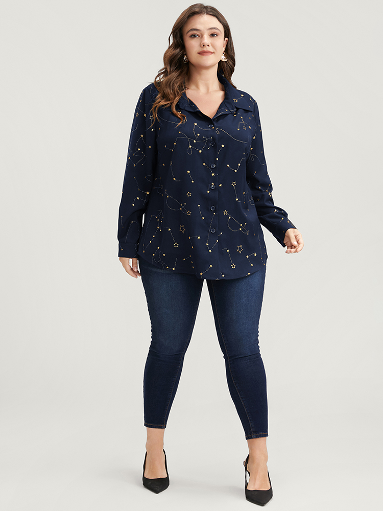 Plus Size Navy Star Print Button Up Arc Hem Blouse Women Party Long Sleeve Shirt collar Going out Blouses BloomChic 10/M 