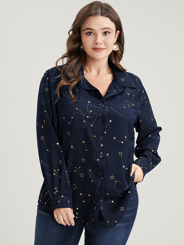 Plus Size Navy Star Print Button Up Arc Hem Blouse Women Party Long Sleeve Shirt collar Going out Blouses BloomChic 10/M 