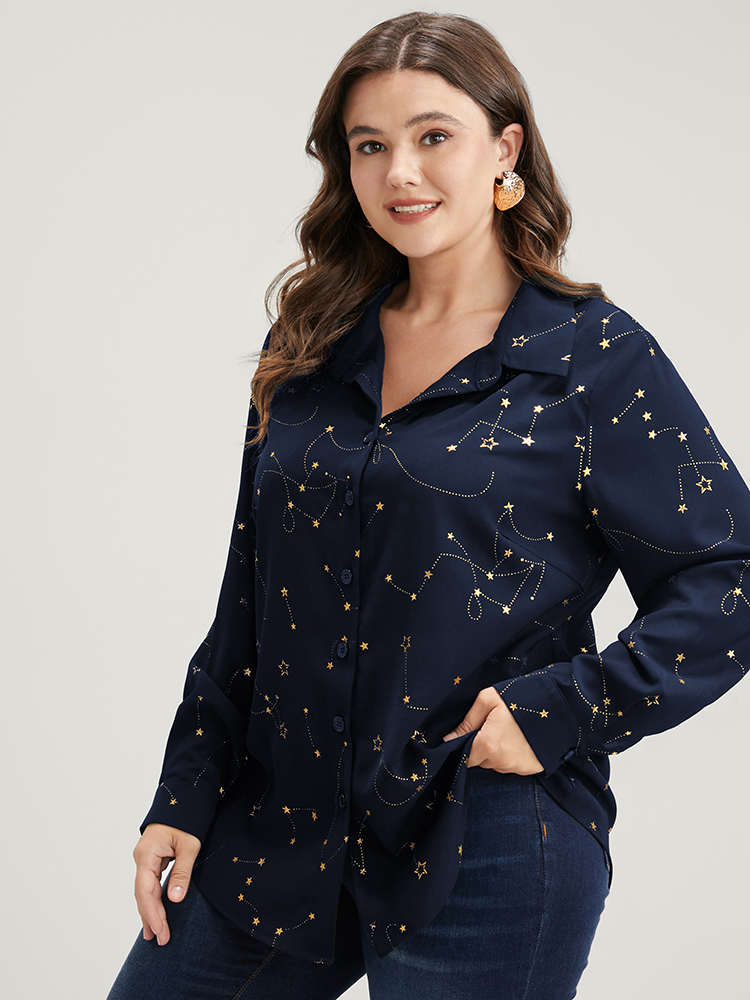 Plus Size Navy Star Print Button Up Arc Hem Blouse Women Party Long Sleeve Shirt collar Going out Blouses BloomChic 10/M 