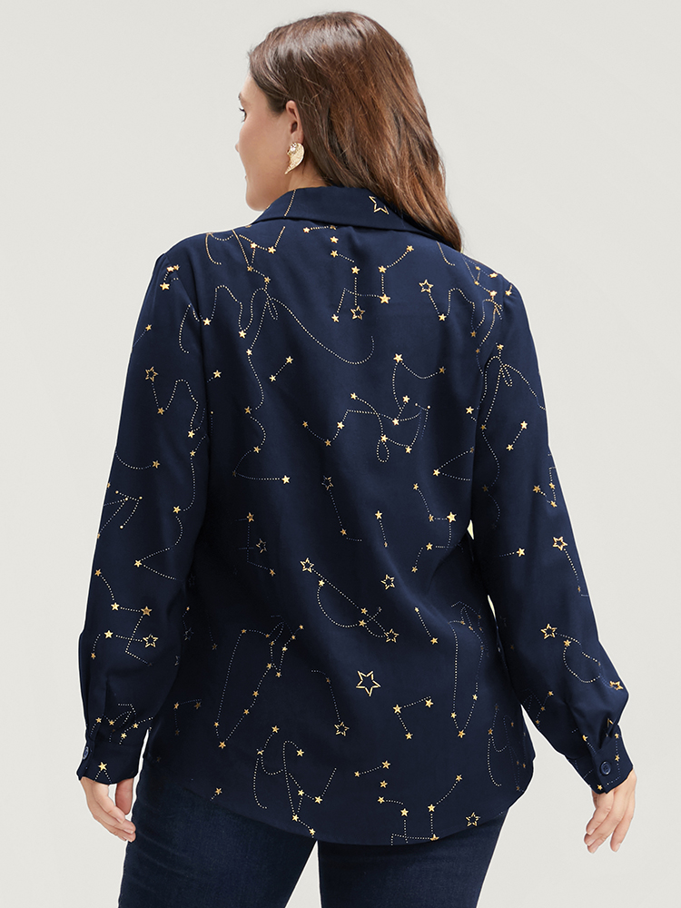 Plus Size Navy Star Print Button Up Arc Hem Blouse Women Party Long Sleeve Shirt collar Going out Blouses BloomChic 10/M 
