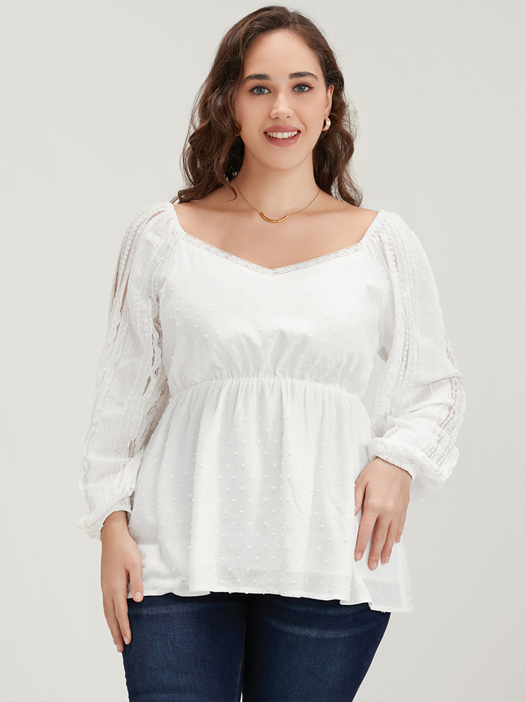 Plus Size Women Dailywear Plain Elastic Waist Lantern Sleeve Long Sleeve V-neck Elegant Blouses BloomChic 