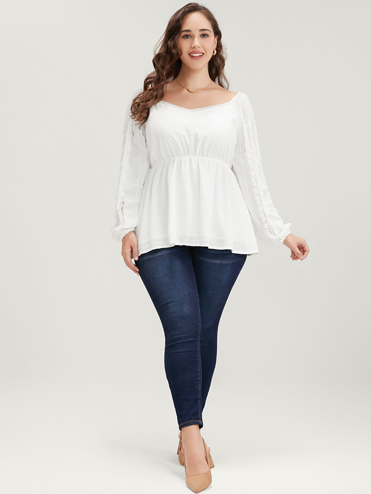 Plus Size Women Dailywear Plain Elastic Waist Lantern Sleeve Long Sleeve V-neck Elegant Blouses BloomChic 