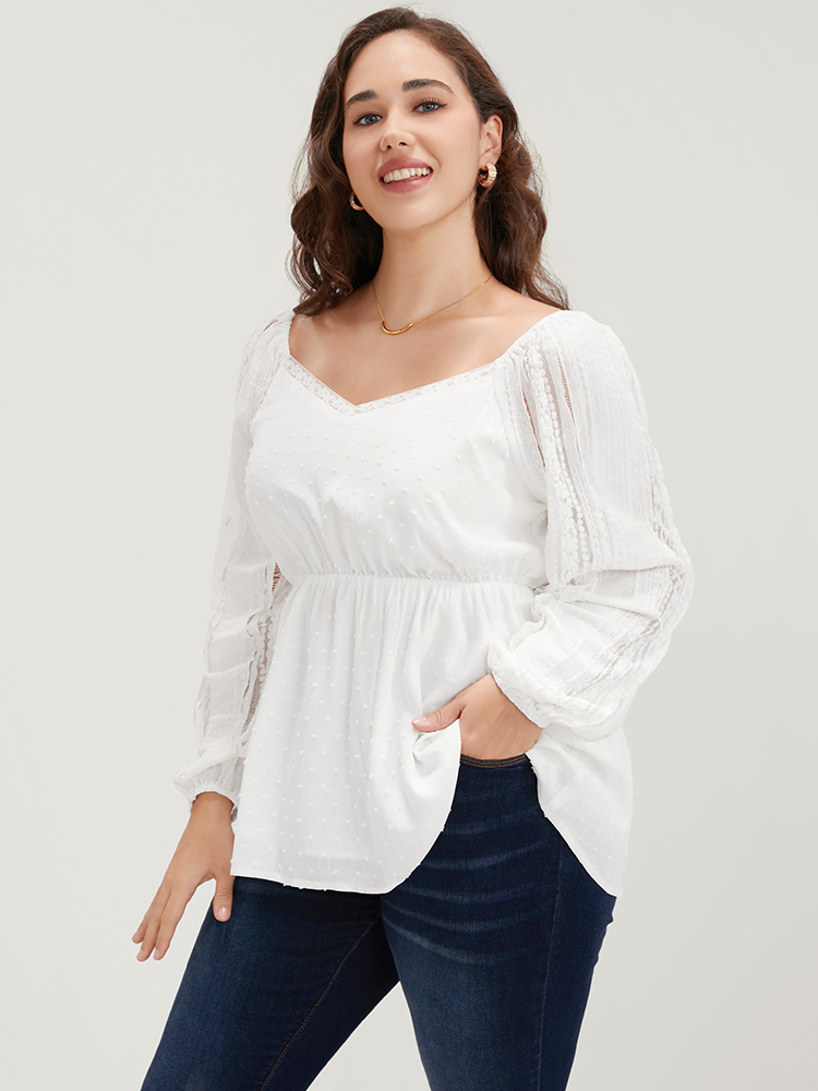 Plus Size Women Dailywear Plain Elastic Waist Lantern Sleeve Long Sleeve V-neck Elegant Blouses BloomChic 