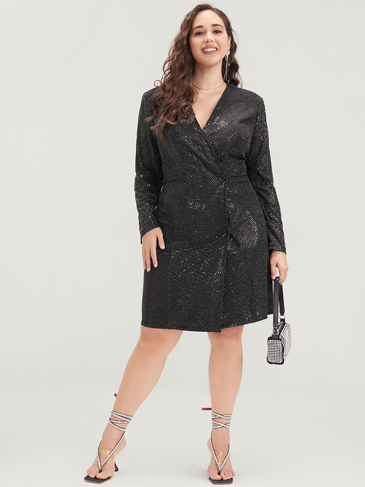 

Plus Size Solid Wrap Sequin Button Side Blazer Dress Black Women Party Plain Button Sleeve Long Sleeve V-neck  Elegant Blazers BloomChic