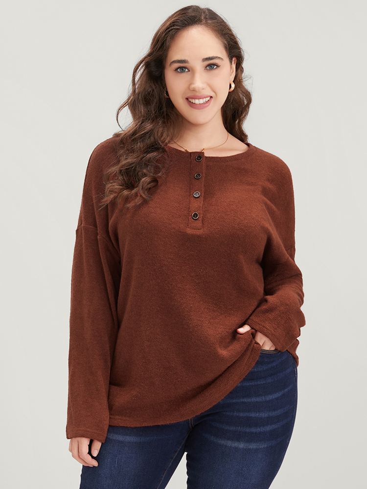 Plus Size Solid Button Up Round Neck Sweatshirt Women Rust Elegant Button Round Neck Dailywear Sweatshirts BloomChic 14-16/1X 