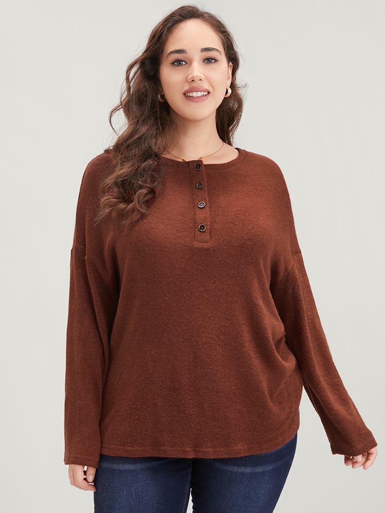 

Plus Size Solid Button Up Round Neck Sweatshirt Women Rust Elegant Button Round Neck Dailywear Sweatshirts BloomChic