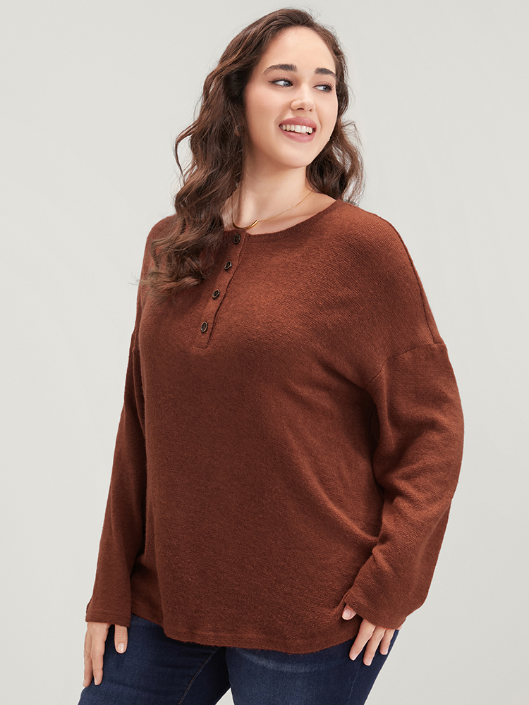 Plus Size Solid Button Up Round Neck Sweatshirt Women Rust Elegant Button Round Neck Dailywear Sweatshirts BloomChic 14-16/1X 