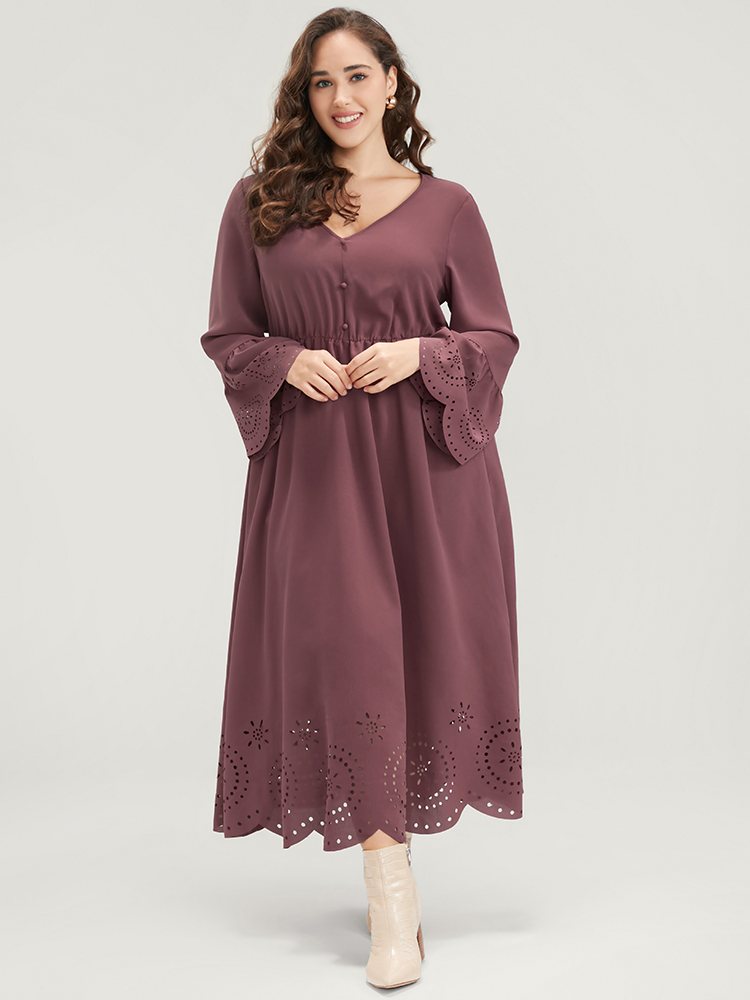 

Plus Size Solid Bell Sleeve Button Detail Laser Cut Dress DustyPink Women Broderie anglaise V-neck Long Sleeve Curvy Midi Dress BloomChic