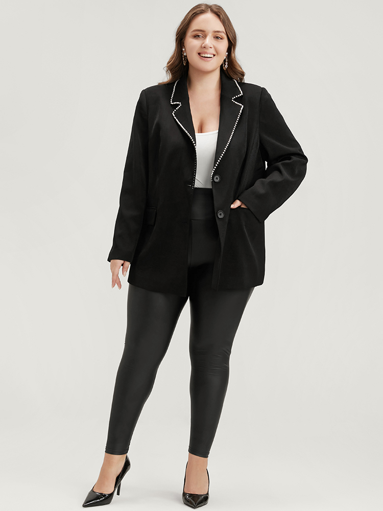 

Plus Size Solid Beaded Button Up Flap Pocket Blazer Black Women Work Plain Beaded Sleeve Long Sleeve Suit Collar  Pocket Office Blazers BloomChic