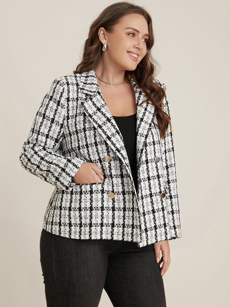 

Plus Size Plaid Flap Pocket Lapel Collar Tweed Blazer Black Women Work Plaid Sleeve Long Sleeve Lapel Collar  Pocket Office Blazers BloomChic