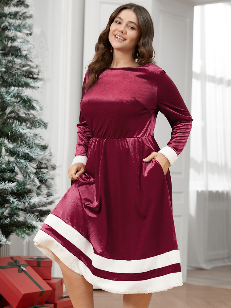 

Plus Size Solid Contrast Fuzzy Trim Pocket Velvet Dress Scarlet Women Elegant Contrast Round Neck Long Sleeve Curvy Midi Dress BloomChic