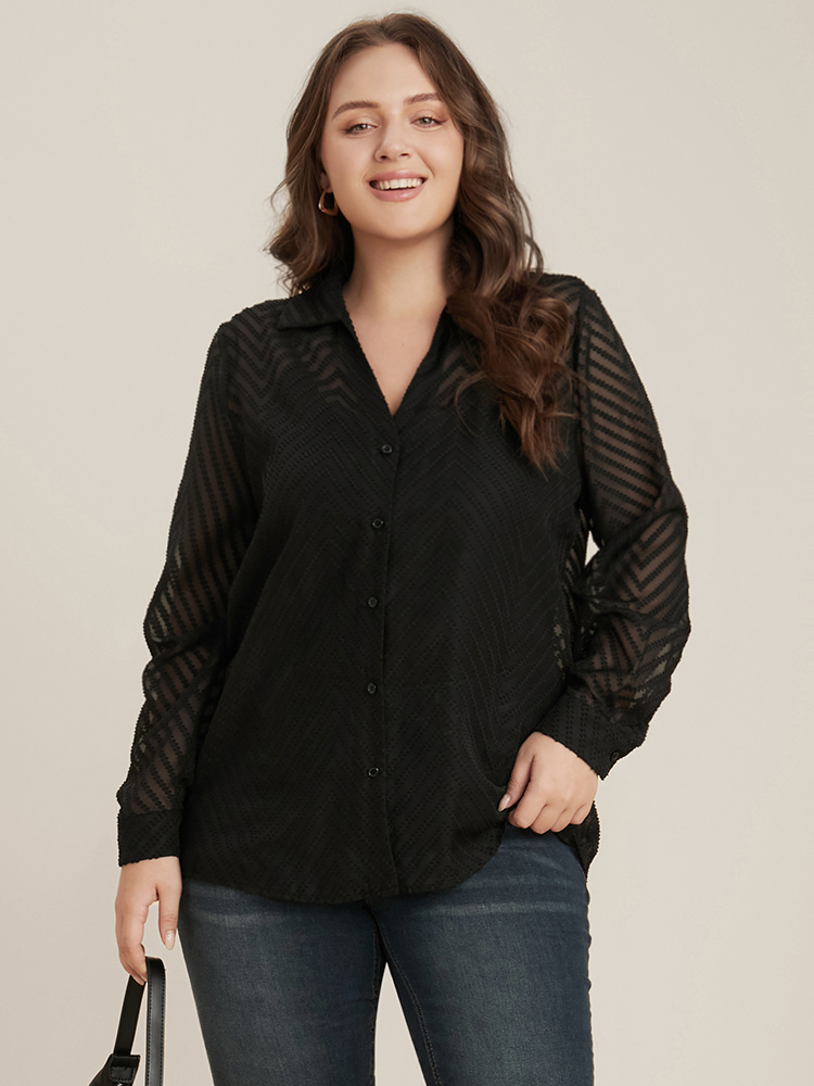 

Plus Size Black Geometric Mesh Button Up Textured Blouse With Cami Top Women Office Long Sleeve Shirt collar Work Blouses BloomChic