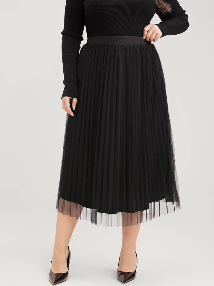 

Plus Size Solid Mesh Elastic Waist Pleated Skirt Women Black Glamour Elastic Waist No stretch Going out Skirts BloomChic