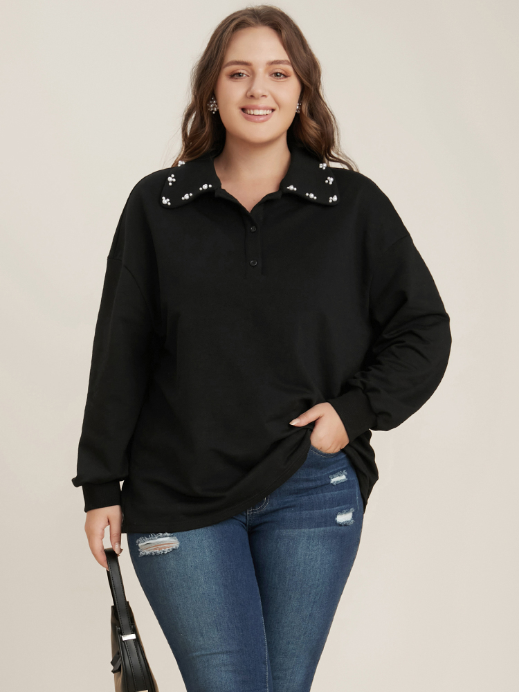 

Plus Size Solid Button Up Pearl Beaded Polo Neck Sweatshirt Women Black Elegant Beaded Polo Dailywear Sweatshirts BloomChic