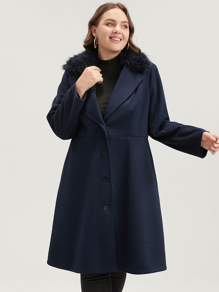 

Plus Size Solid Pocket Single Breasted Fuzzy Trim Coat Without Belt Women DarkBlue Elegant Patchwork Ladies Dailywear Winter Coats BloomChic