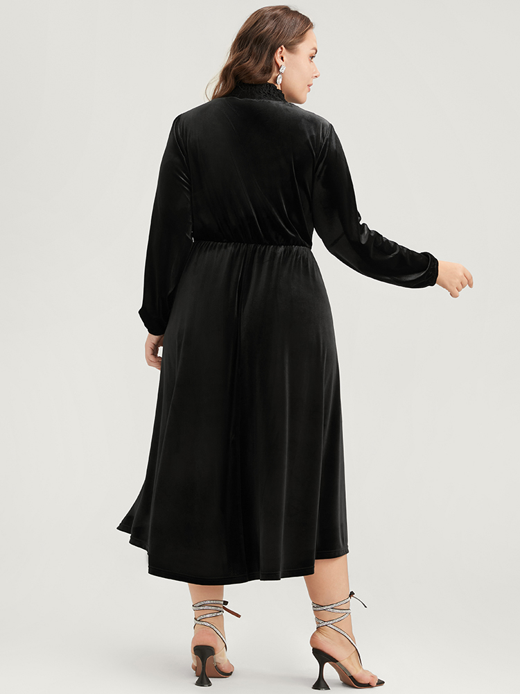 

Plus Size Solid Lace Pocket Velvet Shirred Mock Neck Flutter Dress Black Women Patchwork Mock Neck Long Sleeve Curvy Midi Dress BloomChic