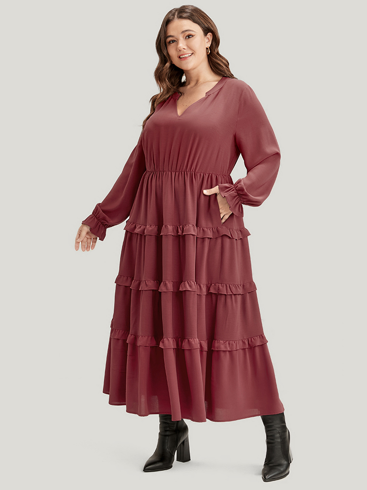 

Plus Size Solid Lantern Sleeve Pocket Ruffle Hem Dress Russet Women Elegant V-neck Long Sleeve Curvy Long Dress BloomChic