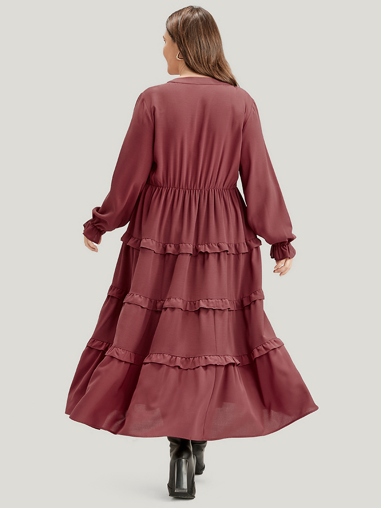 

Plus Size Solid Lantern Sleeve Pocket Ruffle Hem Dress Russet Women Elegant V-neck Long Sleeve Curvy Long Dress BloomChic