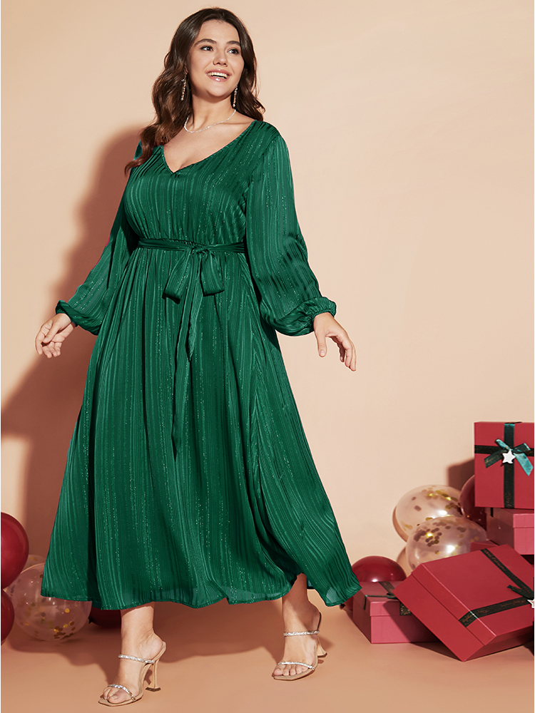 

Plus Size Solid Pocket Lantern Sleeve Belted Sequin Dress Green Women Party Pocket V-neck Long Sleeve Curvy Long Dress BloomChic