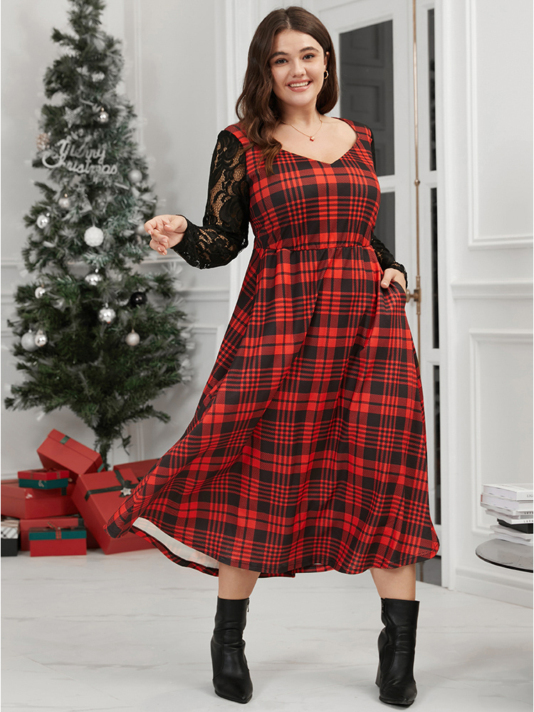 

Plus Size Plaid Pocket Contrast Lace V Neck Midi Dress Red Women Elegant Patchwork V-neck Long Sleeve Curvy Midi Dress BloomChic