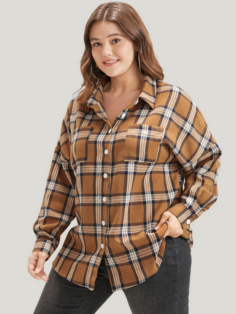 

Plus Size Plaid Shirt Collar Button Up Pocket Blouse Bronze Casual Shirts