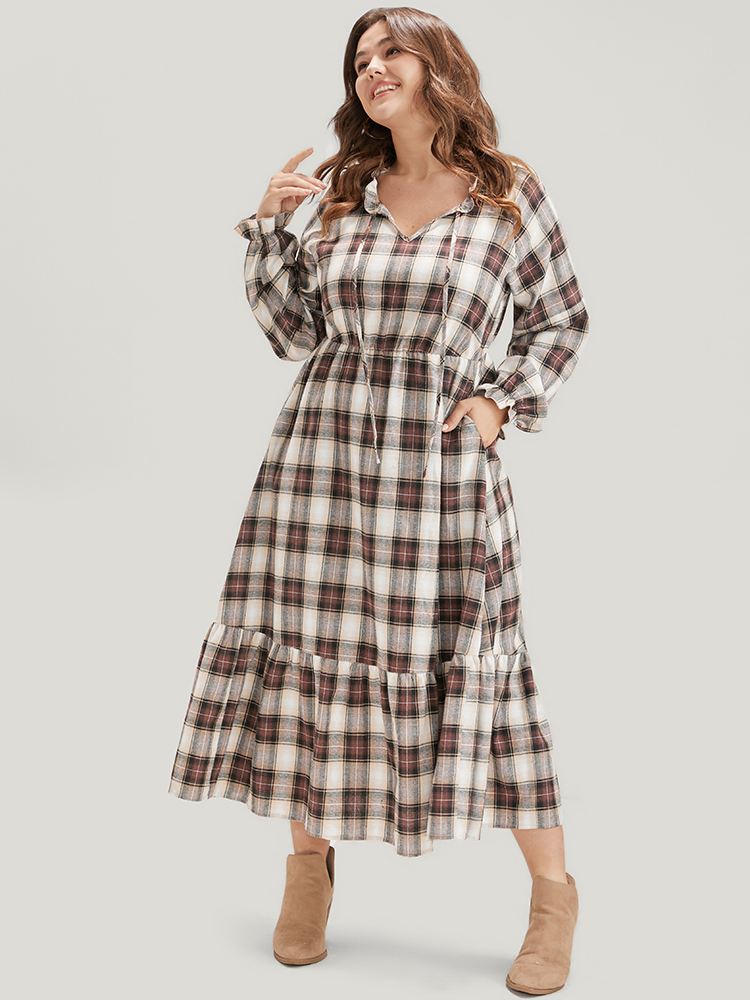 

Plus Size Plaid Pocket Keyhole Tie Neck Ruffle Hem Dress LightGray Women Elegant Elastic Waist V-neck Long Sleeve Curvy Midi Dress BloomChic