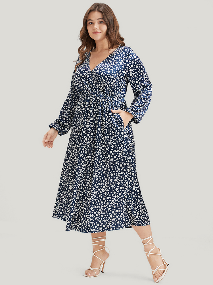 Plus Size Ditsy Floral Pocket Lantern Sleeve Wrap Velvet Dress Indigo Women Elegant Elastic Waist V-neck Long Sleeve Curvy Midi Dress BloomChic 18-20/2X 