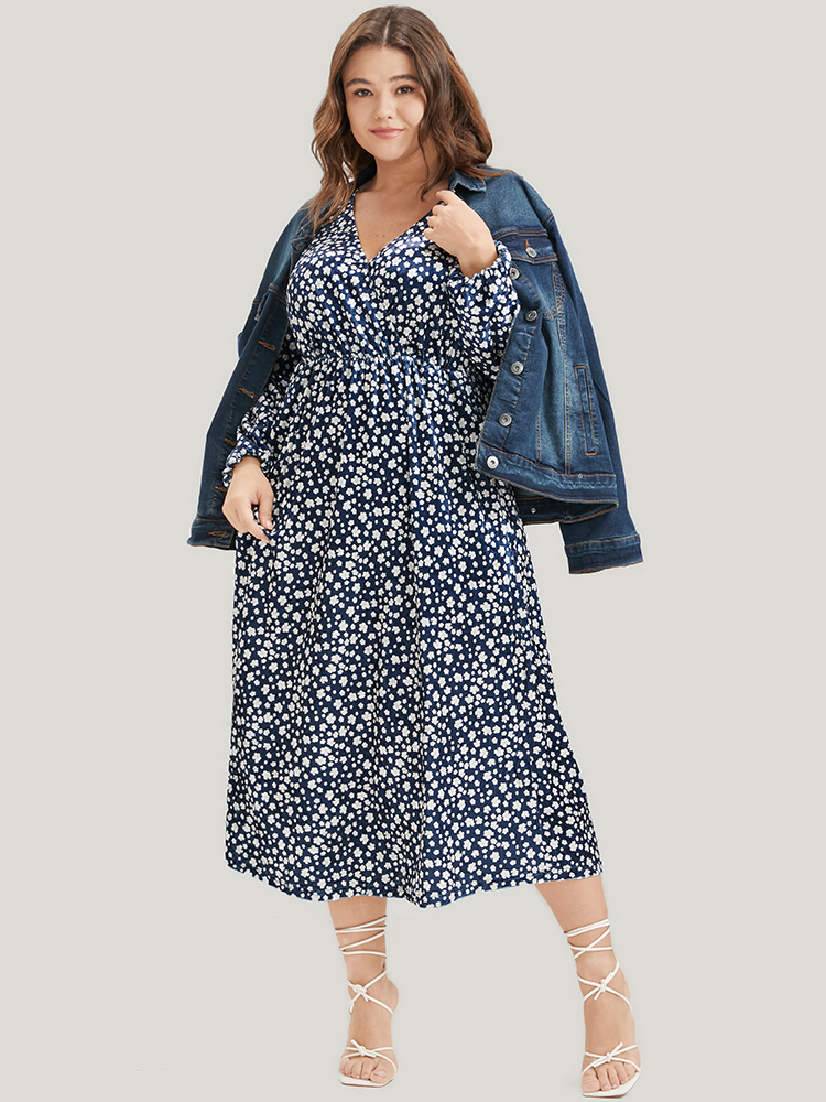 Plus Size Ditsy Floral Pocket Lantern Sleeve Wrap Velvet Dress Indigo Women Elegant Elastic Waist V-neck Long Sleeve Curvy Midi Dress BloomChic 18-20/2X 